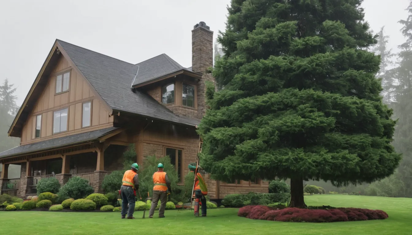 Tree removal provider cutting a large tree in sections beside a wood-frame home in Vancouver
